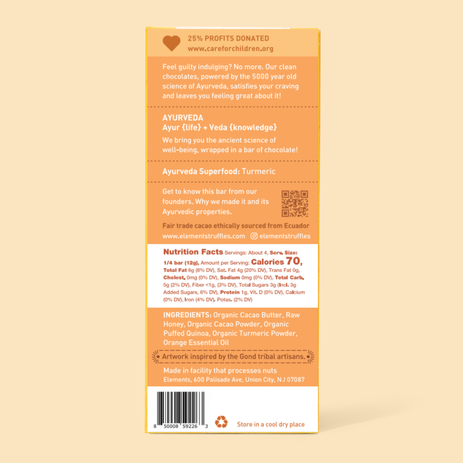 Elements Truffles Orange Crunch 70% Dark Chocolate Bar | Dairy-free | Snack 1.5 OZ