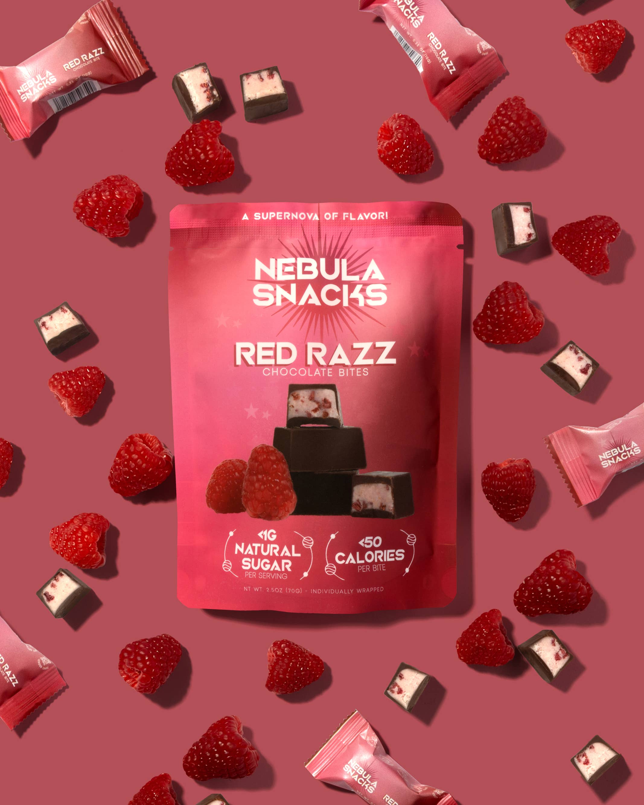 Nebula Snacks Red Razz Filled Dark Chocolate Bites
