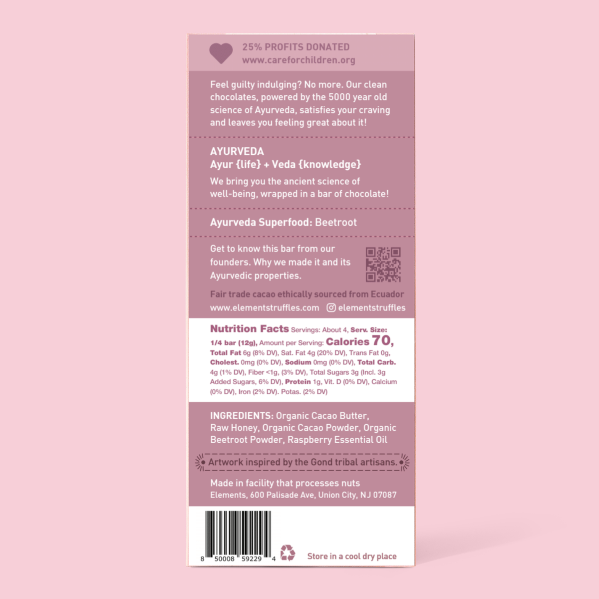 Elements - Raspberry Dark Chocolate Bar | Vegan Organic 1.8oz