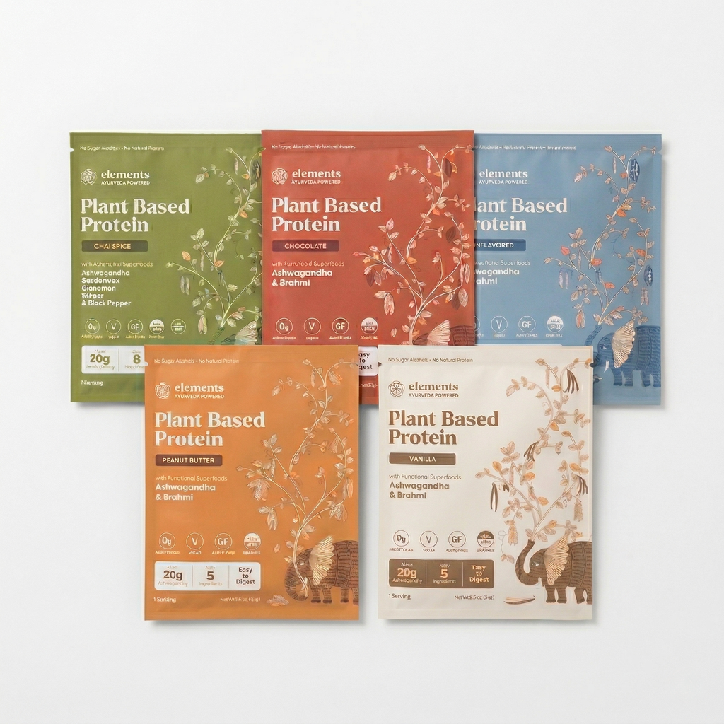 Elements Plant Based Protein Single Serve 1.2oz: Chocolate, Peanut Butter, Vanilla, Unflavored  & Chai Spice