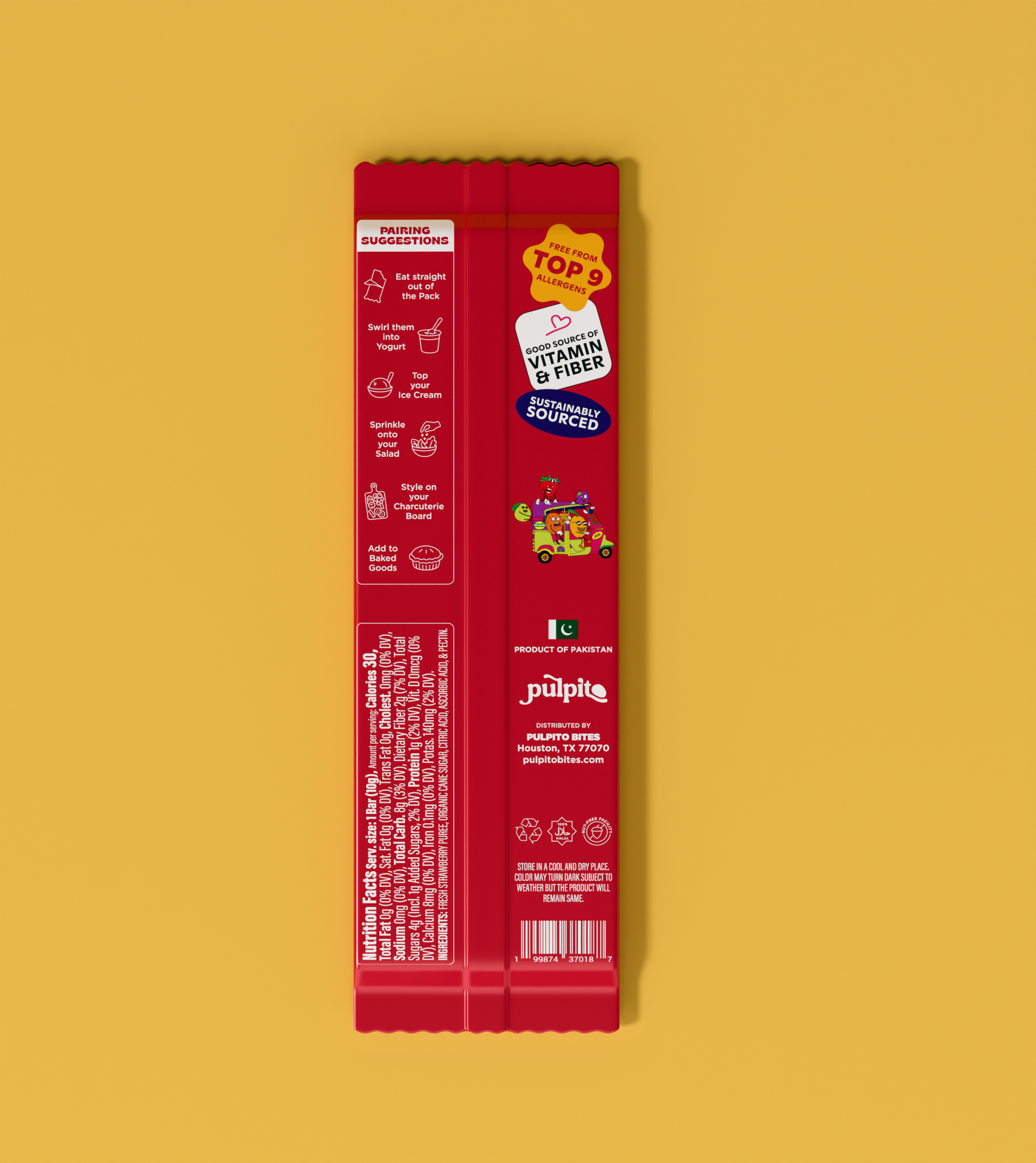 Pulpito Sassy Strawberry- Natural Fruit Snacks- Dried Fruit Bar 0.35 oz