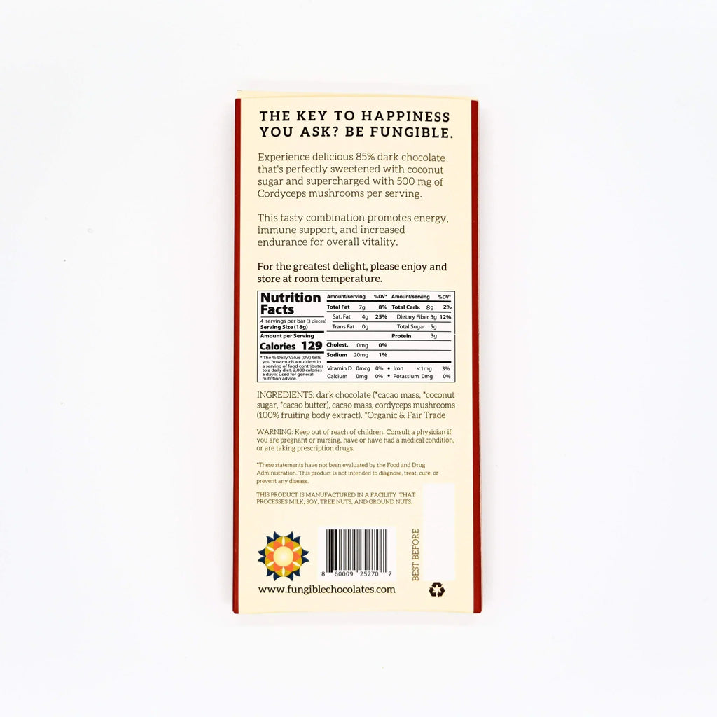Fungible Chocolates® - Functional Cordyceps Mushroom Dark Chocolate Bar for Energy (85% cacao)