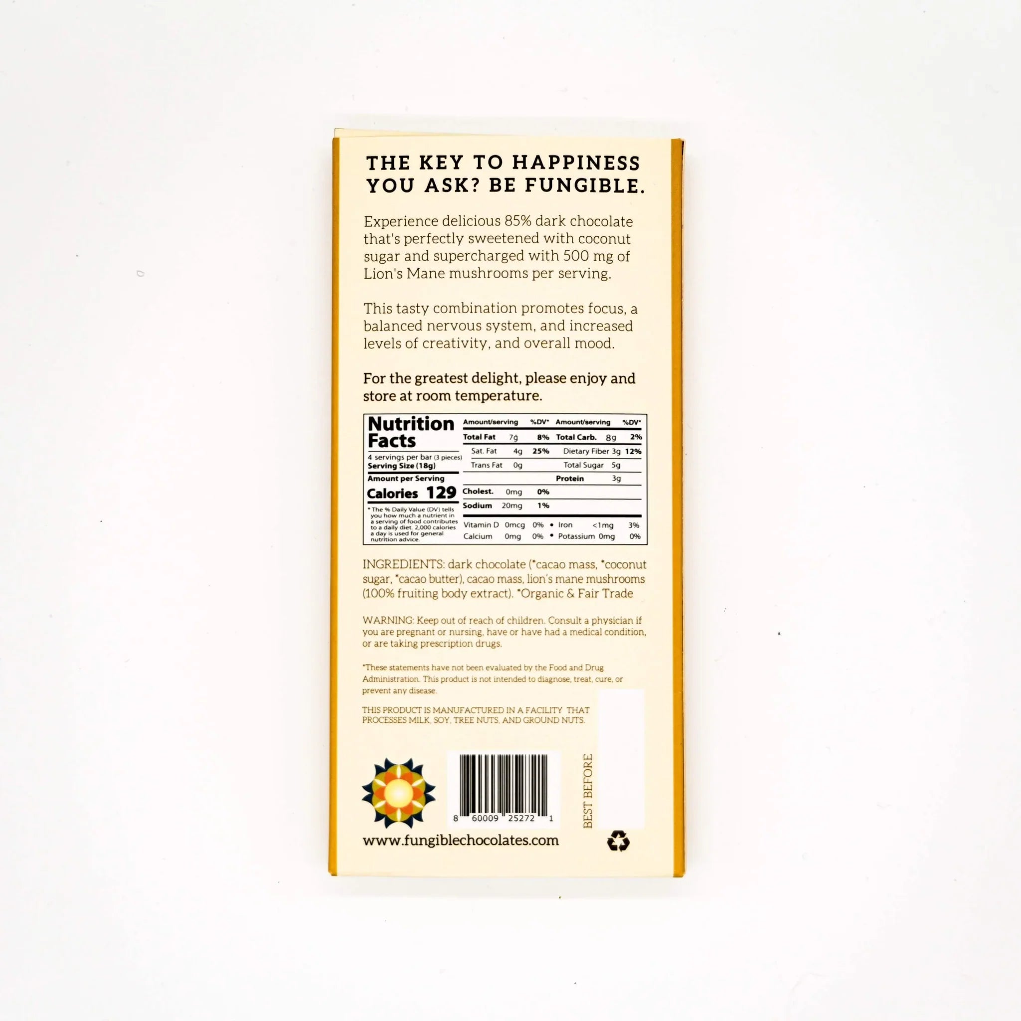 Fungible Chocolates® - Functional Lion's Mane Mushroom Dark Chocolate Bar for Focus (85% cacao)