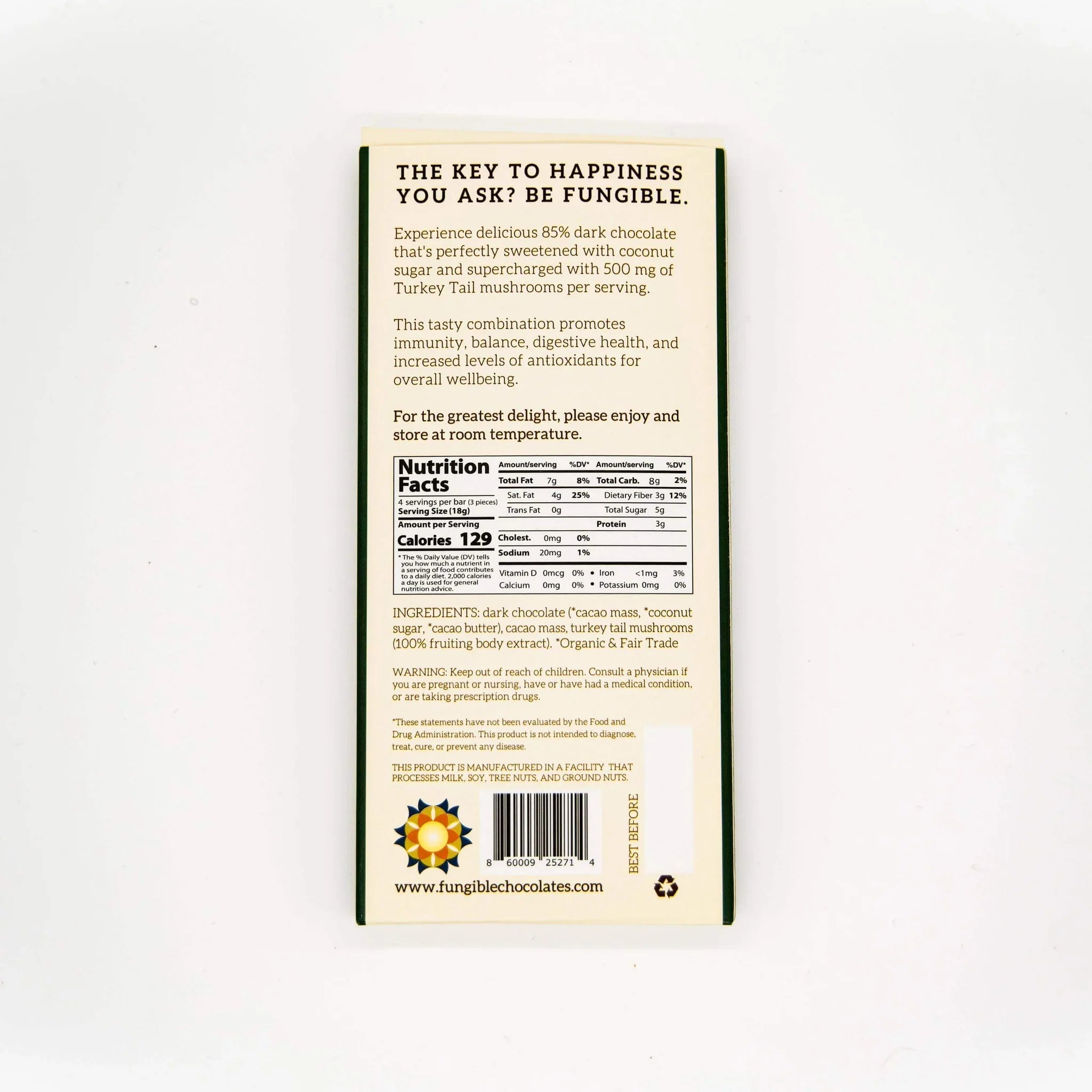 Fungible Chocolates® - Functional Turkey Tail Mushroom Dark Chocolate Bar for Immunity (85% cacao)