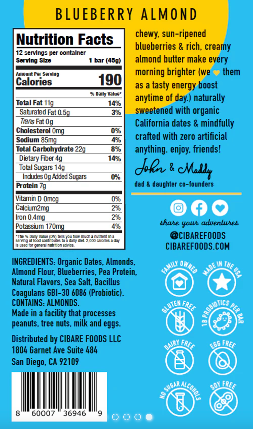 Cibare Foods - Blueberry Almond Probiotic Protein Bar