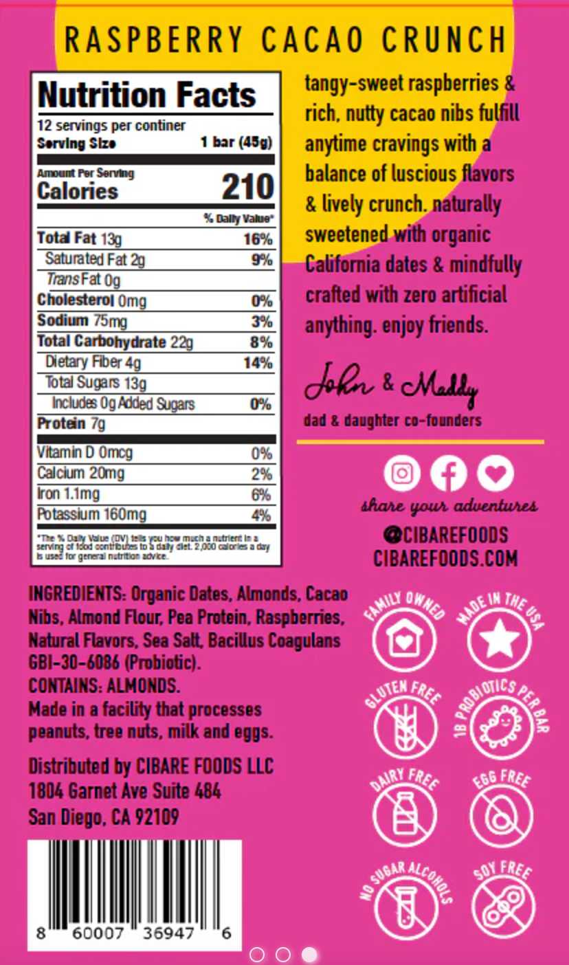 Cibare Foods - Raspberry Cocoa Crunch Probiotic Protein Bar