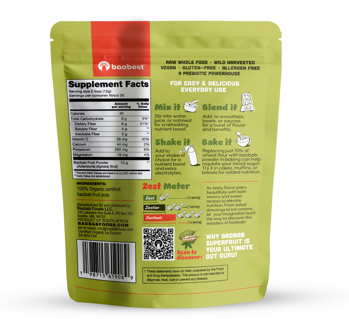 Organic Baobab Superfood Fruit Powder 12oz