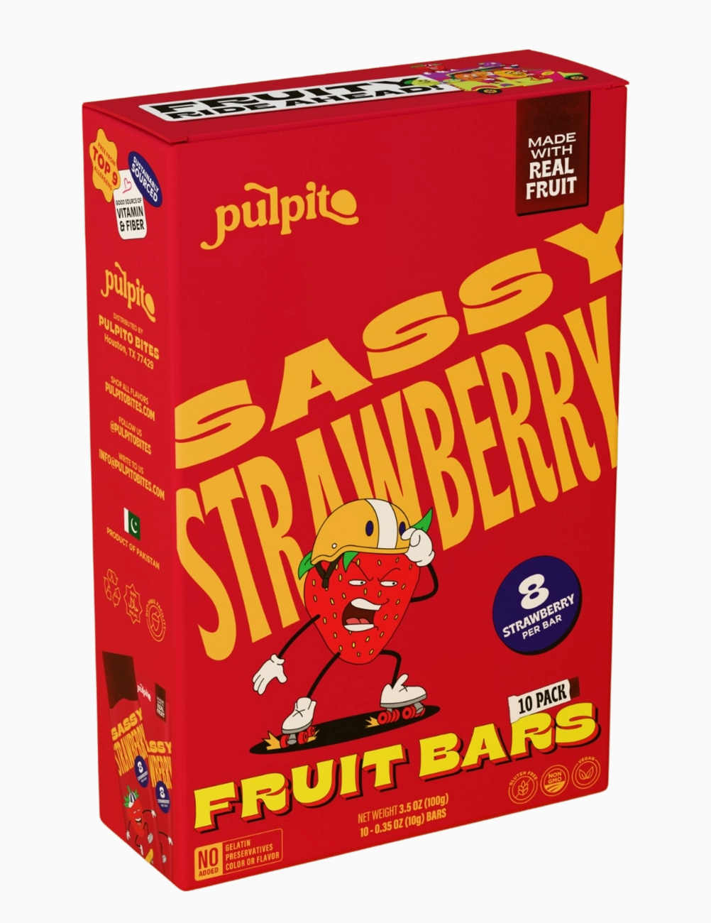 Pulpito - Natural Fruit Bar Snack, Sassy Strawberry 10pk. 3.5oz