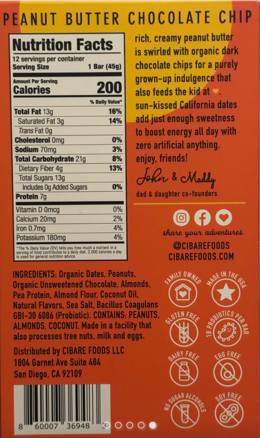 Cibare Foods - Peanut Butter Chocolate Chip Probiotic Protein Bar