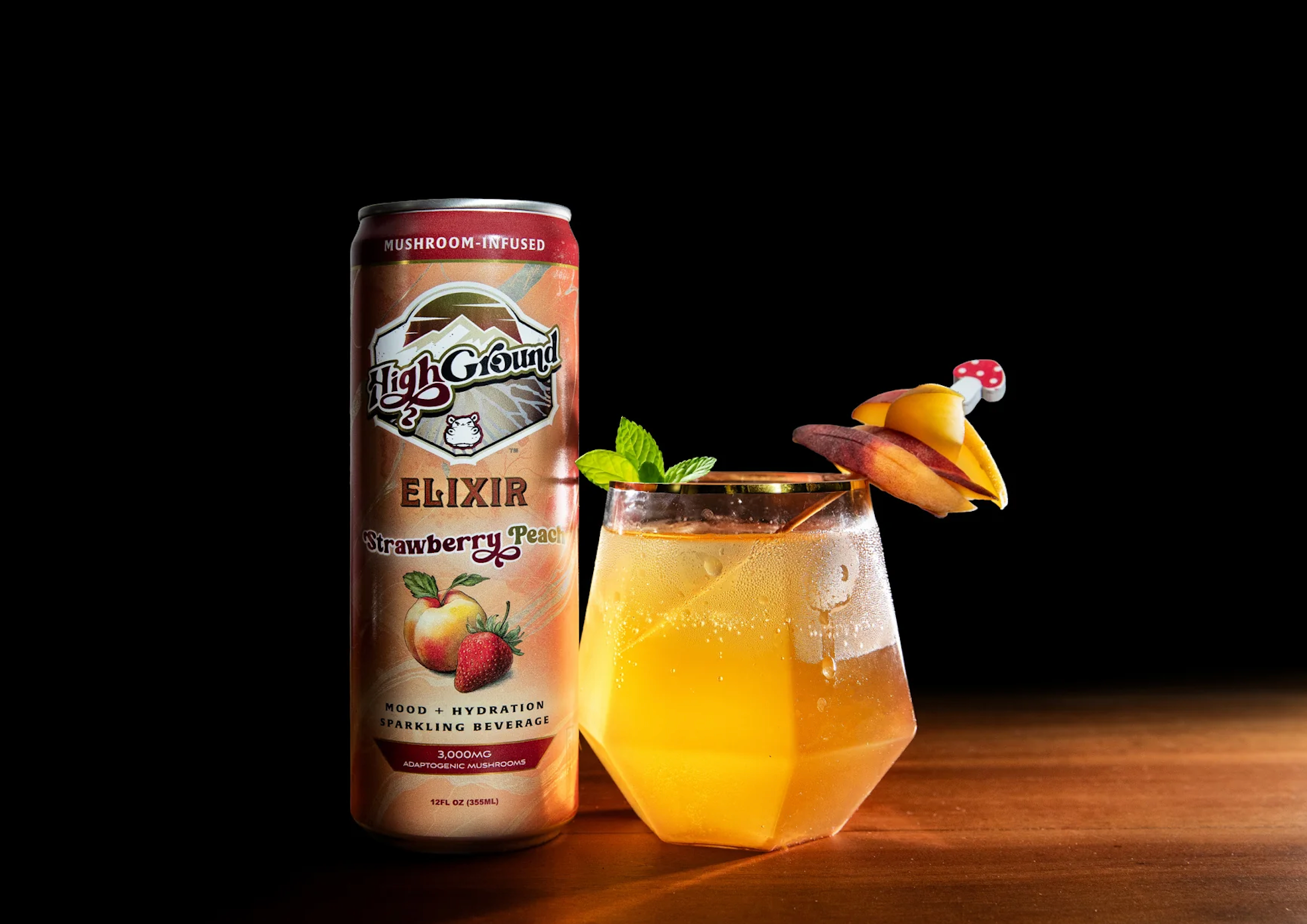 High Ground Elixir Mushroom Seltzer - Strawberry Peach 12oz
