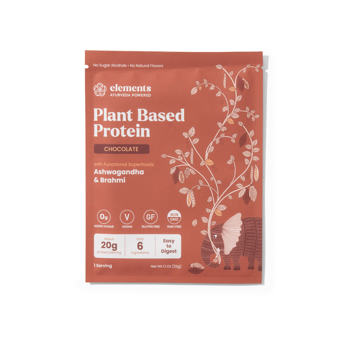 Elements Plant Based Protein Single Serve 1.2oz: Chocolate, Peanut Butter, Vanilla, Unflavored  & Chai Spice
