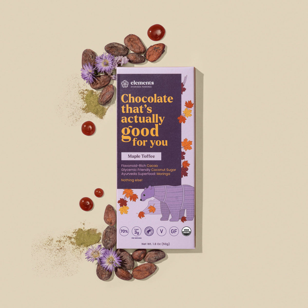 Elements - Maple Toffee Dark Chocolate Bar | Vegan Organic 1.8oz