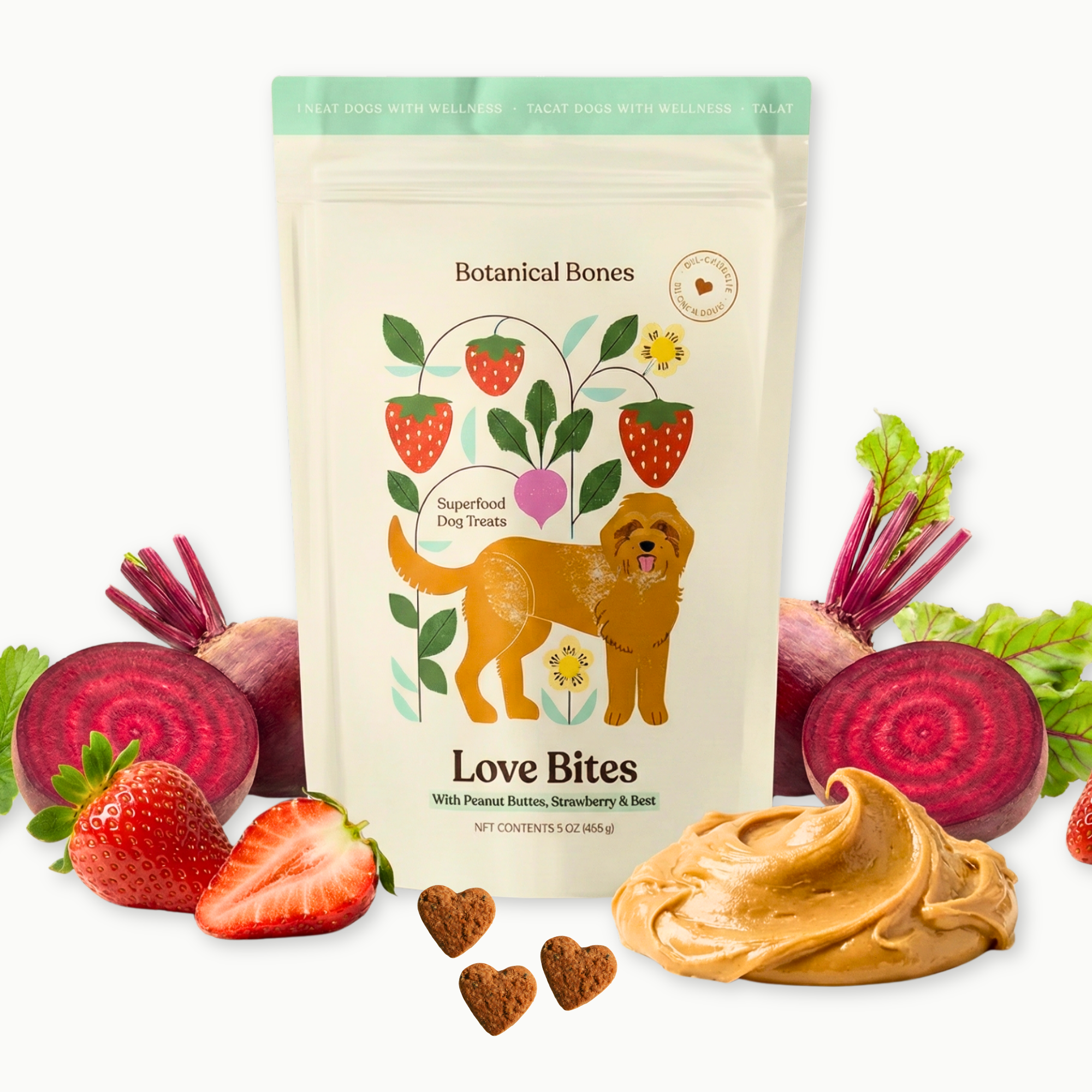 Botanical Bones - Love Bites - Organic Dog Treats, Strawberry & Peanut Butter 5oz