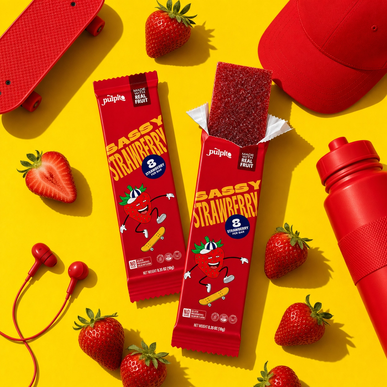 Pulpito Sassy Strawberry- Natural Fruit Snacks- Dried Fruit Bar 0.35 oz